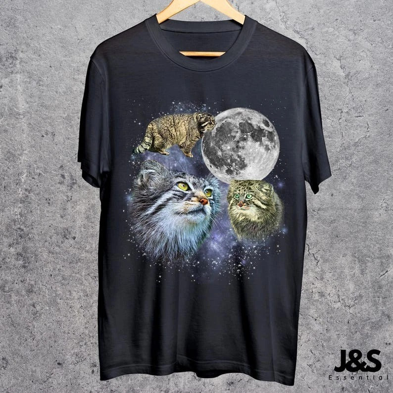 Three Manul Cat Retro Graphic Tshirt, Vintage Pallas Cat Moon Shirt