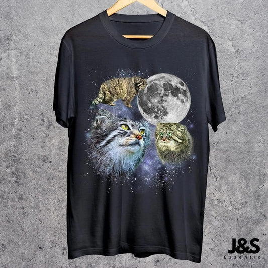 Three Manul Cat Retro Graphic Tshirt, Vintage Pallas Cat Moon Shirt