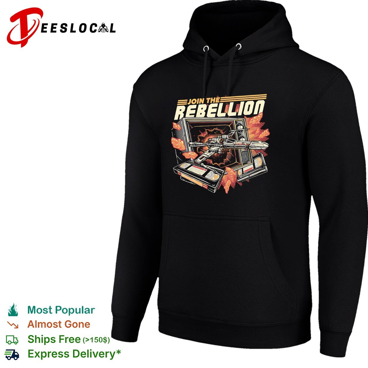 Time to Join the Rebellion an X-Wing coming through a television alongside video tapes shirt