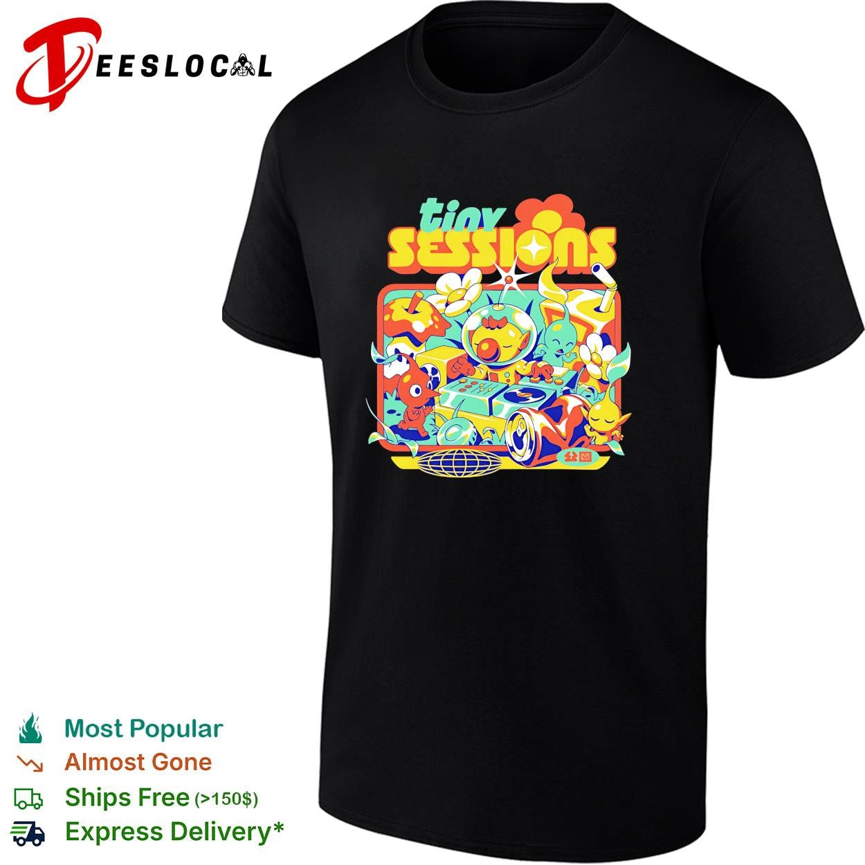 Tiny Sessions colorful cartoon music festival characters shirt