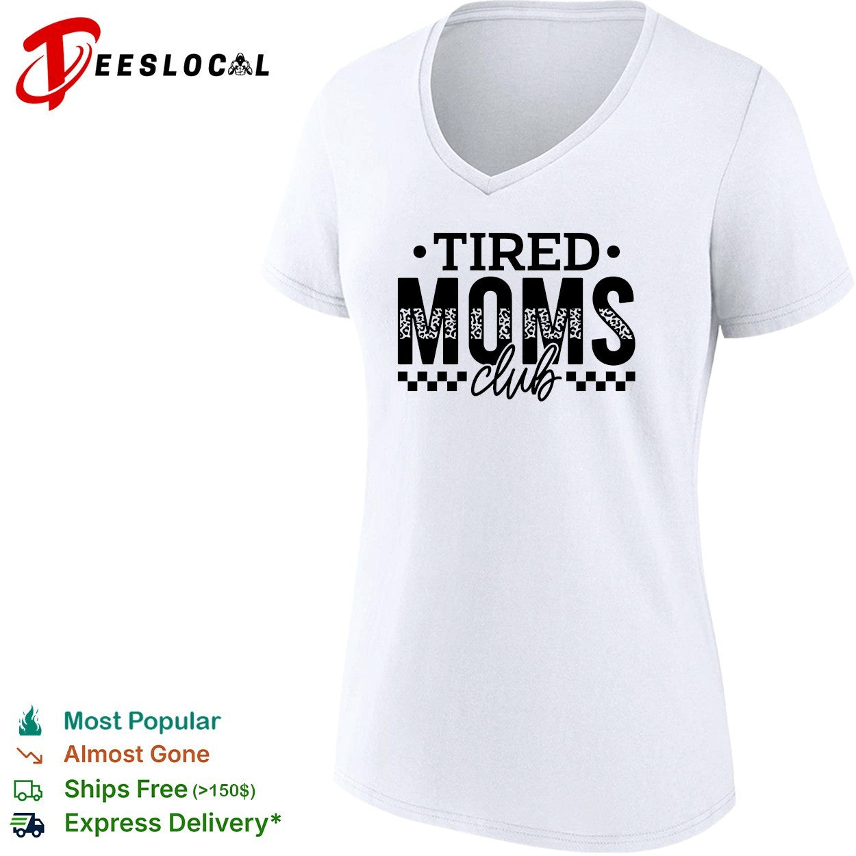 Tired Moms Club leopard print and checkered pattern design on shirt