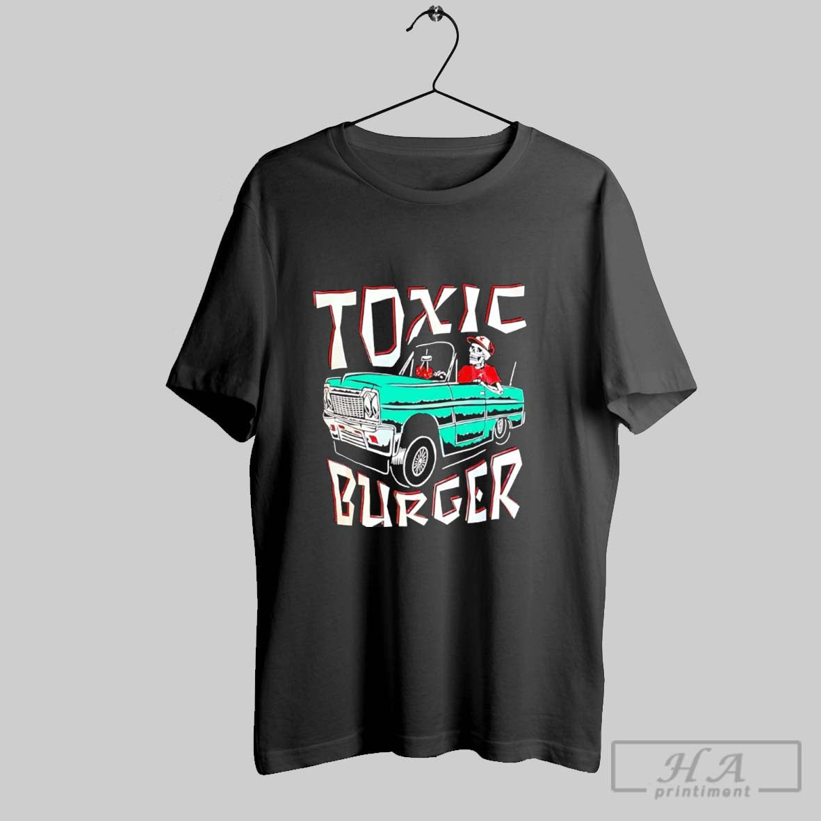 Toxic Burger Impala Skeleton Driving Classic Car Cartoon - clothing by TeeHivey.com