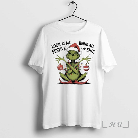 Trending Grinch Christmas Light Look At Me Being All Festive And Shit Premium T Shirts - clothing by TeeHivey.com