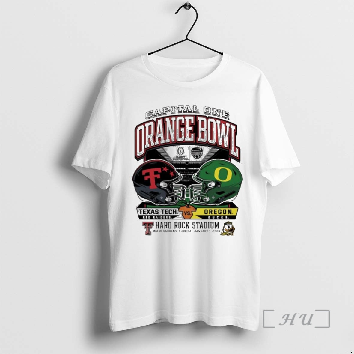 Trending Oregon Vs Texas Tech 2025 Orange Bowl Hard Rock Stadium Helmet Premium T Shirts - clothing by TeeHivey.com