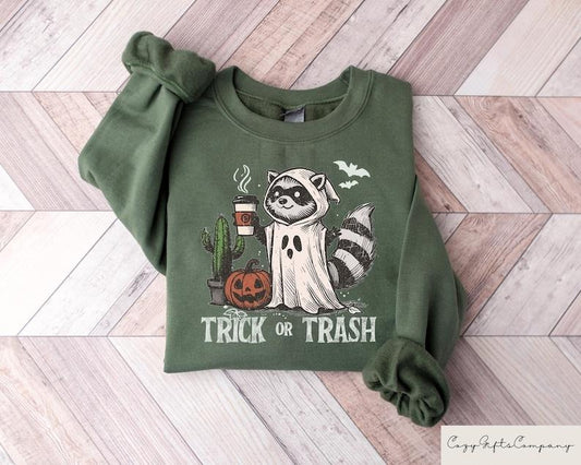 Trick Or Trash Sweatshirt, Ghost Raccoon Drinking Coffee Tshirt, Spooky Season Raccoon Tee, Halloween Raccoon Tshirt, Halloween Pumpkin Gift  T-shirt, sweater and Hoodie