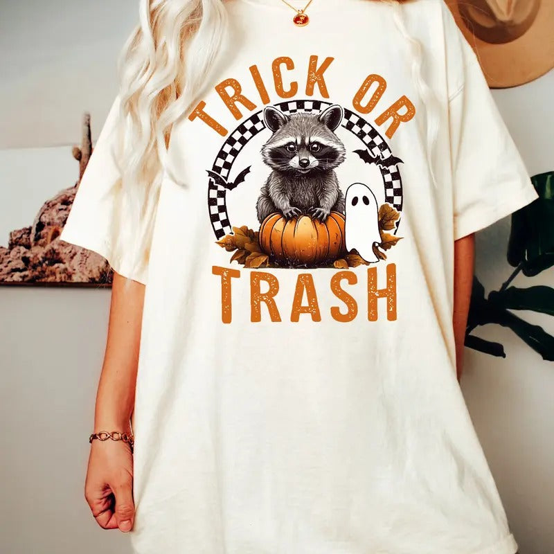 Trick or Trashy Racoon Halloween Shirt, Retro Racoon Shirt, Cute Racoon Shirt, Womens Pumpkin Gift, Girly Halloween Shirt