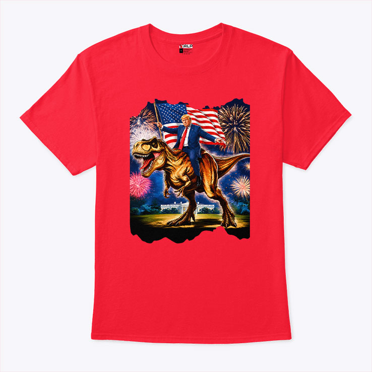 Trump Riding T-Rex American Flag Fireworks 4th Of July T Shirt
