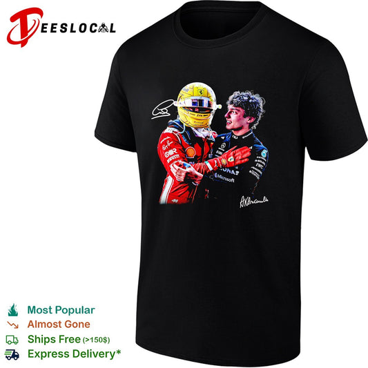 Two rival F1 drivers sporting embrace Ferrari Mercedes race podium friendship photo art shirt