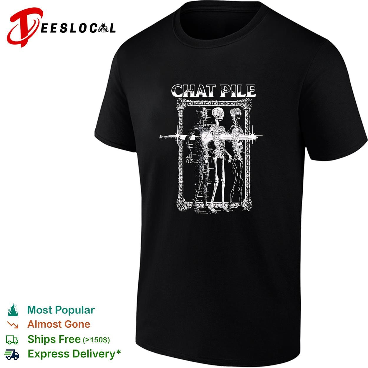 Two skeletons portrait ornate baroque frame gothic black shirt