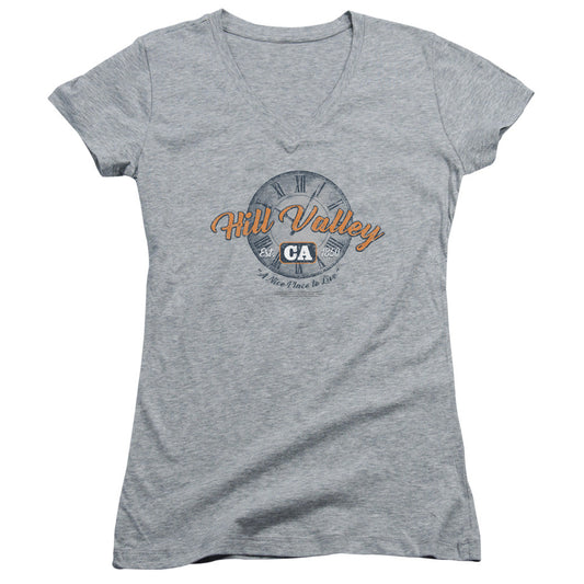 Back To The Future Hill Valley Junior Sheer Cap Sleeve V-Neck Womens T Shirt Athletic Heather