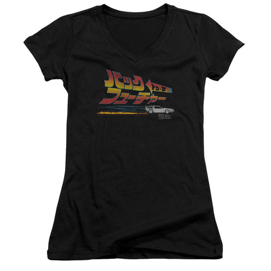 Back To The Future Japanese Delorean Junior Sheer Cap Sleeve V-Neck Womens T Shirt Black - clothing by TeeHivey.com