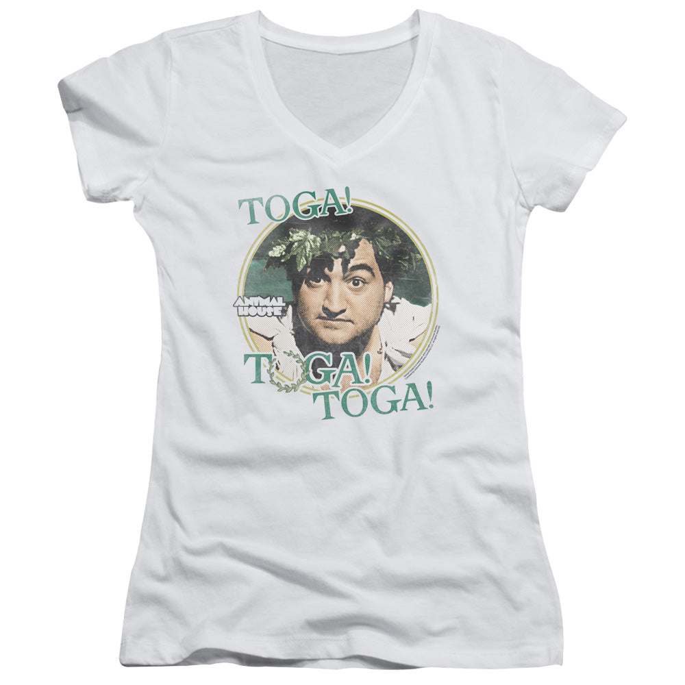 Animal House Toga Junior Sheer Cap Sleeve V-Neck Womens T Shirt White - clothing by TeeHivey.com