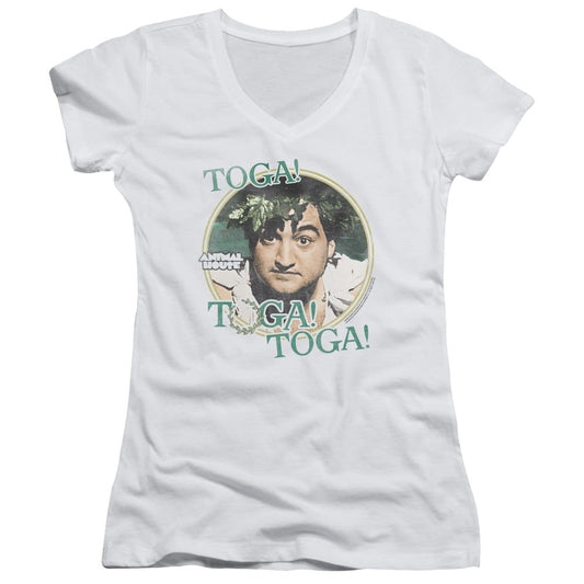 Animal House Toga Junior Sheer Cap Sleeve V-Neck Womens T Shirt White - clothing by TeeHivey.com