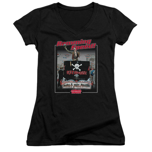 Animal House Ramming Speed Junior Sheer Cap Sleeve V-Neck Womens T Shirt Black - clothing by TeeHivey.com