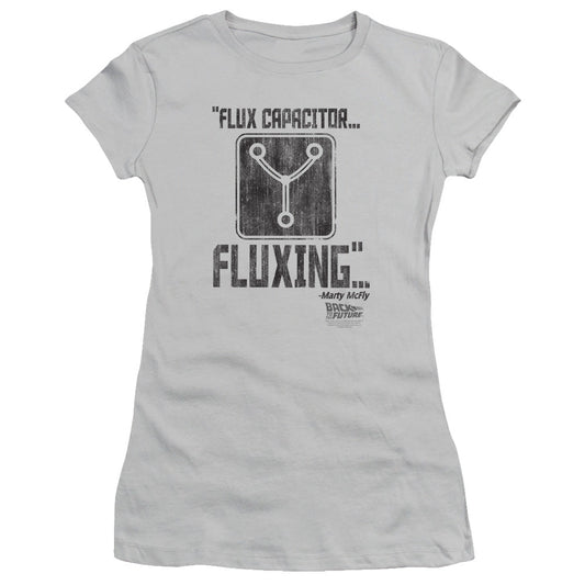 Back To The Future Fluxing Junior Sheer Cap Sleeve Womens T Shirt Silver - clothing by TeeHivey.com