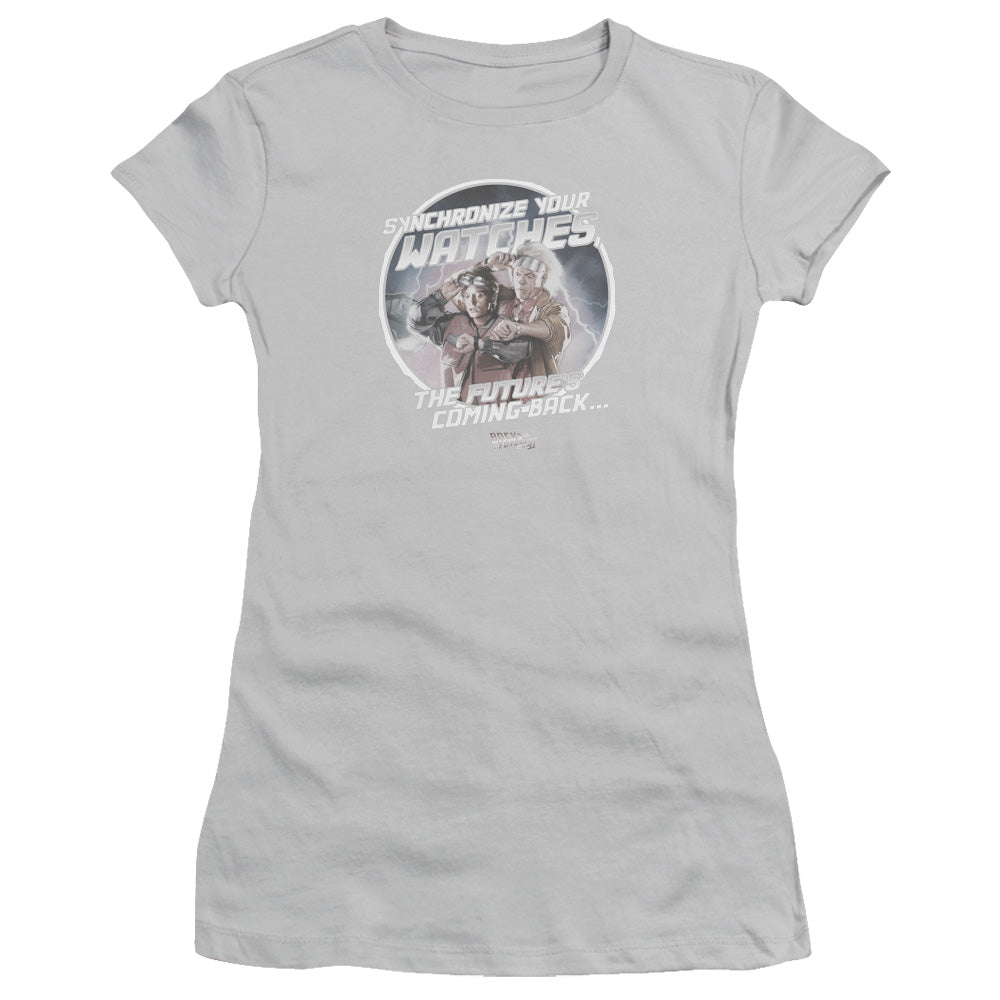Back To The Future II Synchronize Watches Junior Sheer Cap Sleeve Womens T Shirt Silver - clothing by TeeHivey.com