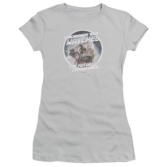 Back To The Future II Synchronize Watches Junior Sheer Cap Sleeve Womens T Shirt Silver - clothing by TeeHivey.com