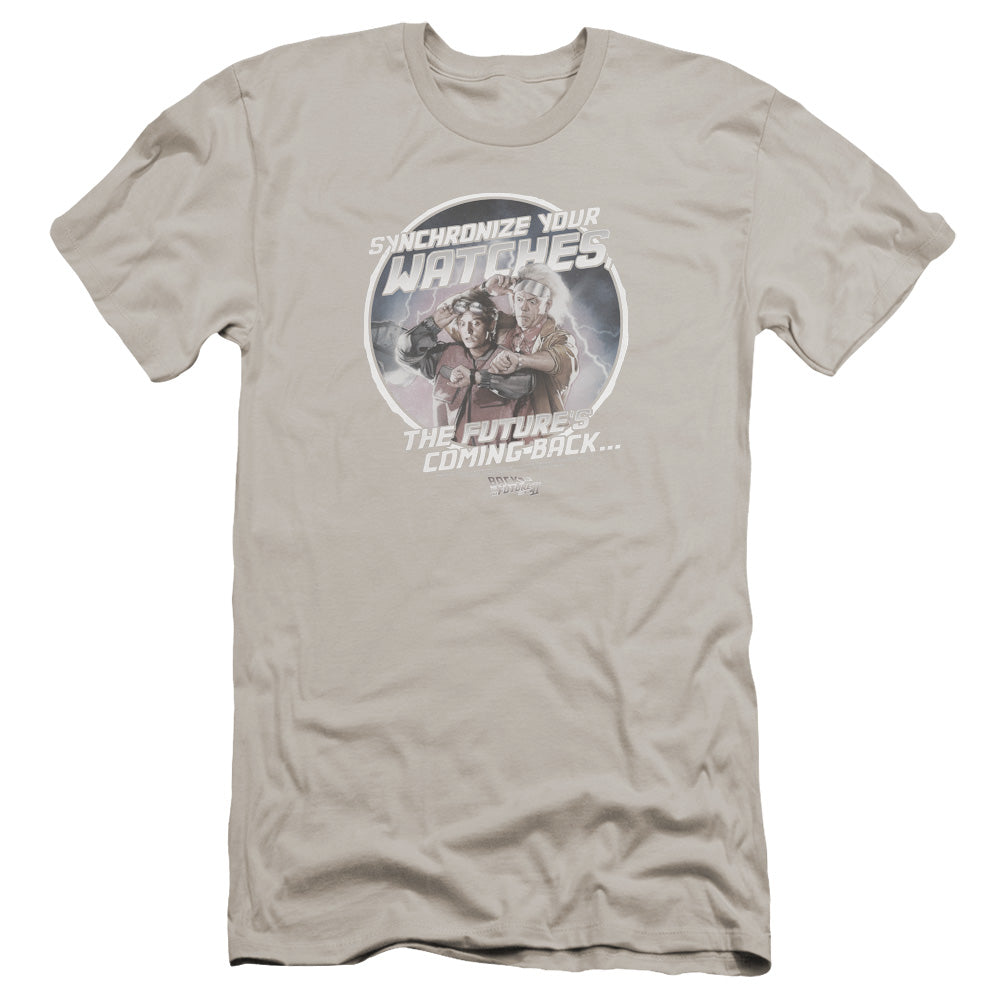Back To The Future II Synchronize Watches Premium Bella Canvas Slim Fit Mens T Shirt Silver - clothing by TeeHivey.com