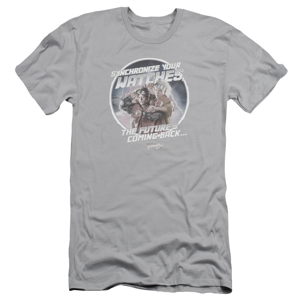 Back To The Future II Synchronize Watches Slim Fit Mens T Shirt Silver - clothing by TeeHivey.com