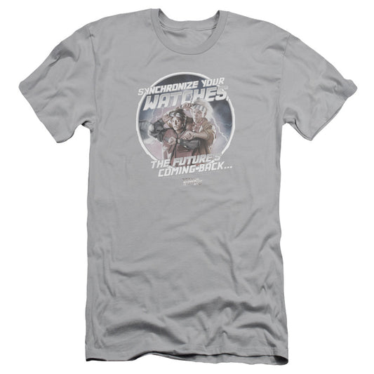 Back To The Future II Synchronize Watches Slim Fit Mens T Shirt Silver - clothing by TeeHivey.com