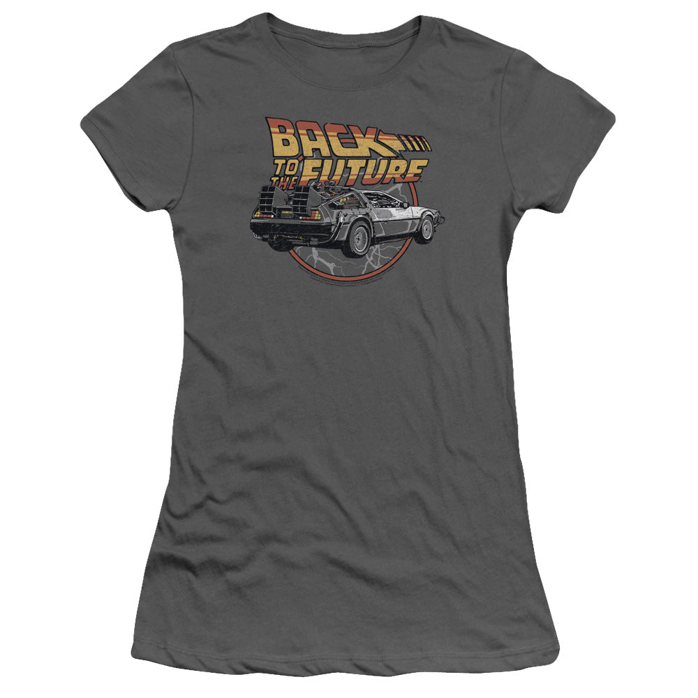 Back To The Future Time Machine Junior Sheer Cap Sleeve Womens T Shirt Charcoal - clothing by TeeHivey.com