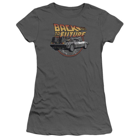Back To The Future Time Machine Junior Sheer Cap Sleeve Womens T Shirt Charcoal - clothing by TeeHivey.com