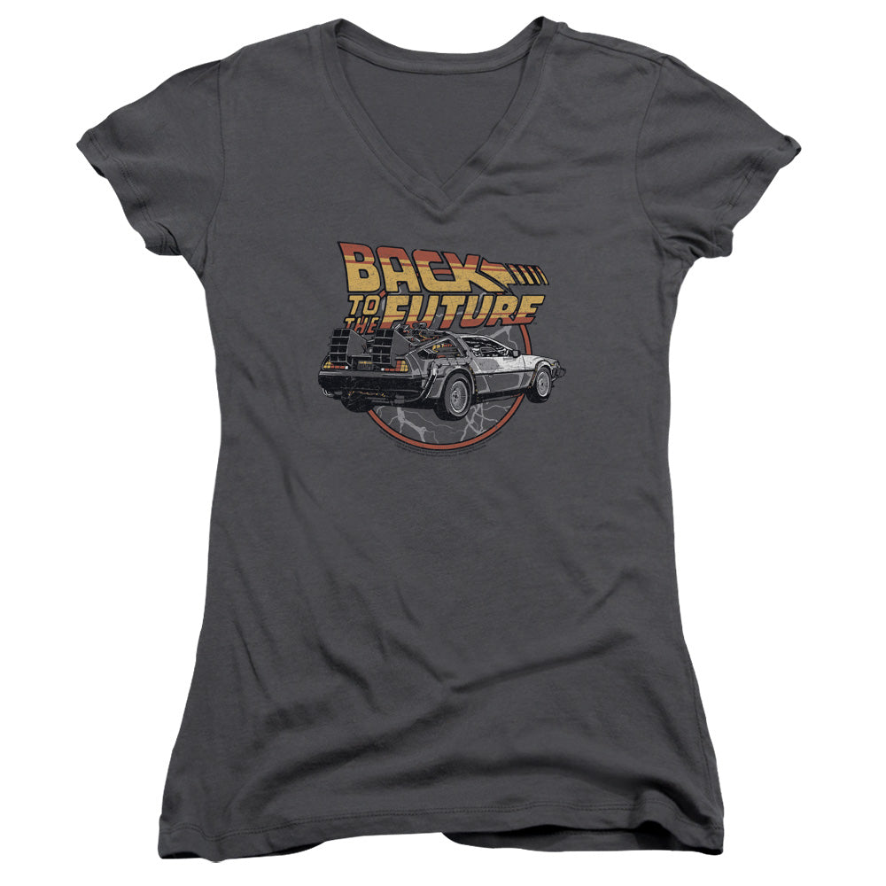 Back To The Future Time Machine Junior Sheer Cap Sleeve V-Neck Womens T Shirt Charcoal - clothing by TeeHivey.com