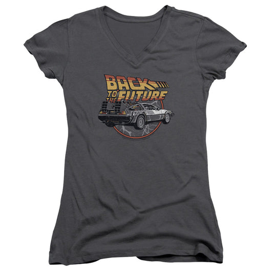 Back To The Future Time Machine Junior Sheer Cap Sleeve V-Neck Womens T Shirt Charcoal - clothing by TeeHivey.com