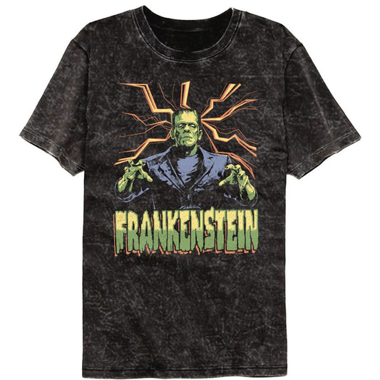Universal Monsters - Frank Lightning Background - American Classics - Solid Black Adult Short Sleeve Mineral Wash T-Shirt