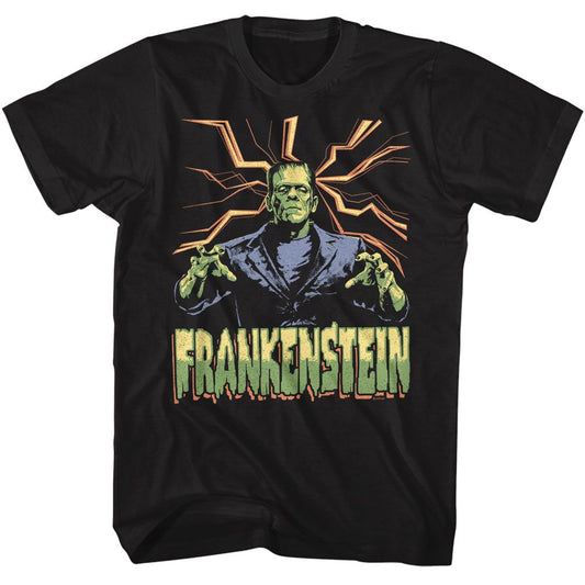 Universal Monsters - Frankenstein Lightning Background - American Classics - Solid Black Adult Short Sleeve T-Shirt