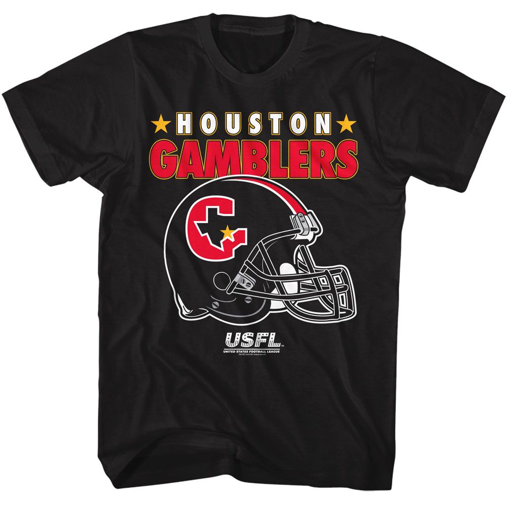 USFL Gamblers Helmet And Stars Black Solid Adult Short Sleeve T-Shirt - clothing by TeeHivey.com (Image 1)