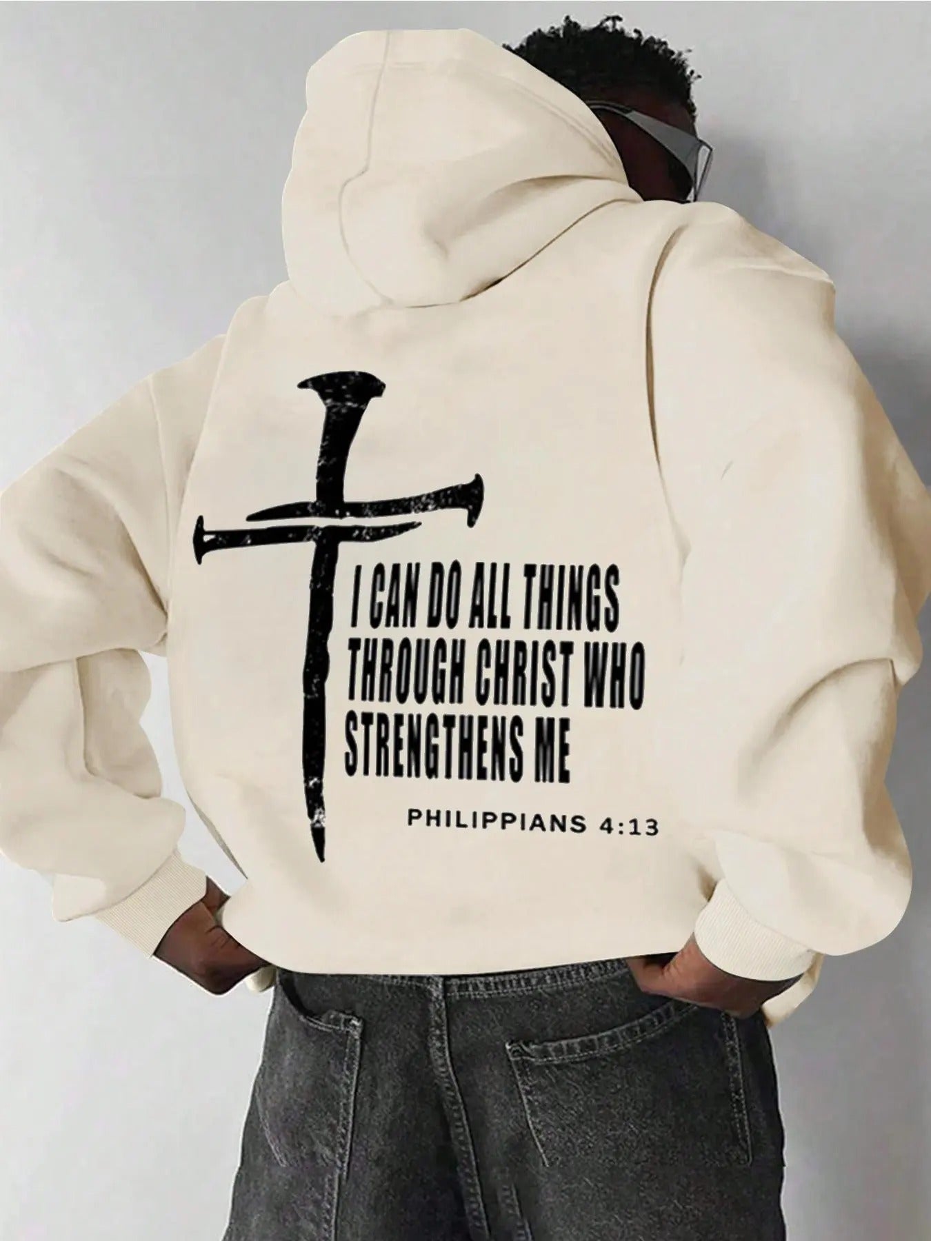 Unisex Men's Cross & Letter Print Drop Shoulder Hoodie, Fashion Casual Regular Fit Drawstring Pocket Hooded Sweatshirt for Daily Holiday Outdoor Wear, Men Clothes for Fall & Winter