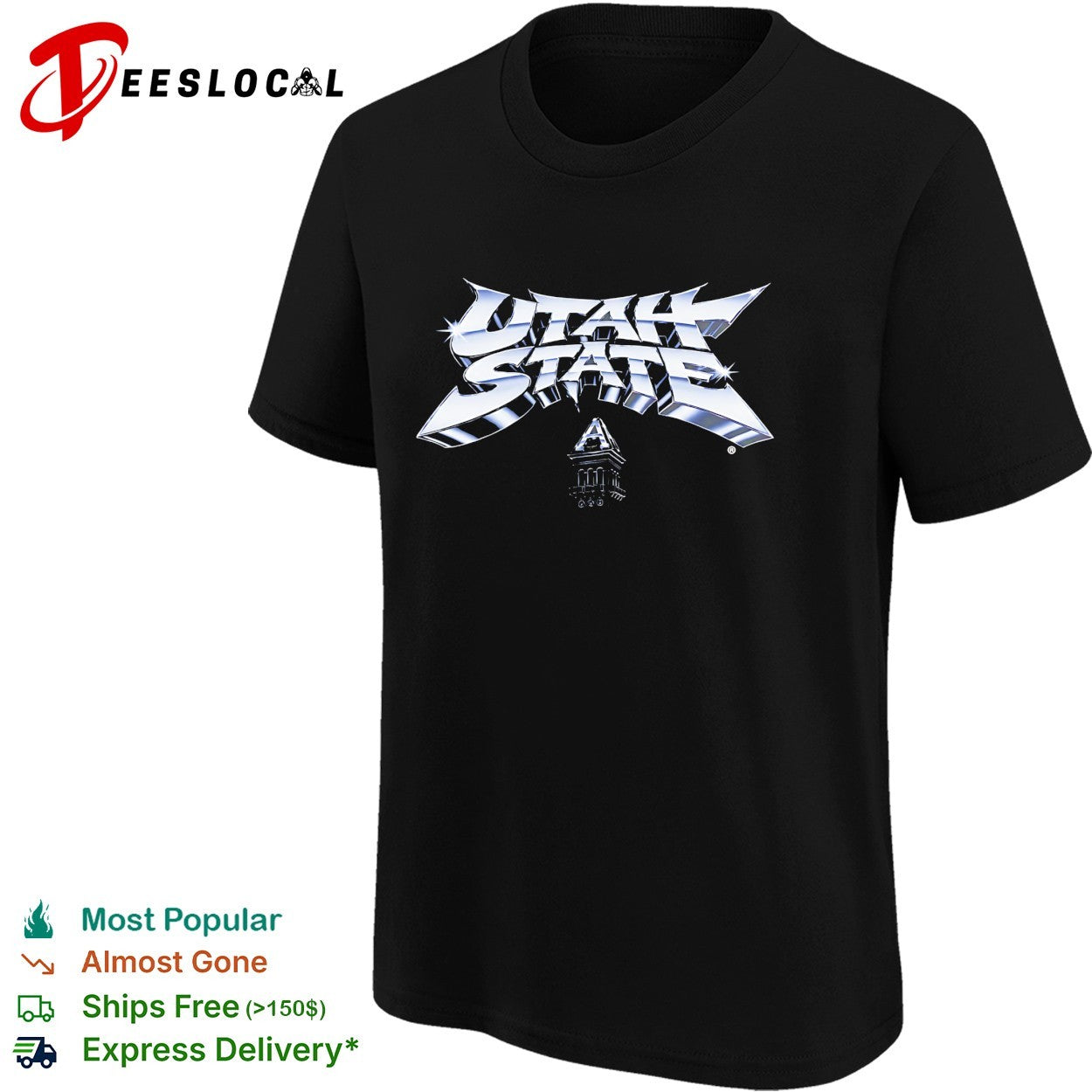 Utah State Old Main Tower Chrome Logo and Text shirt