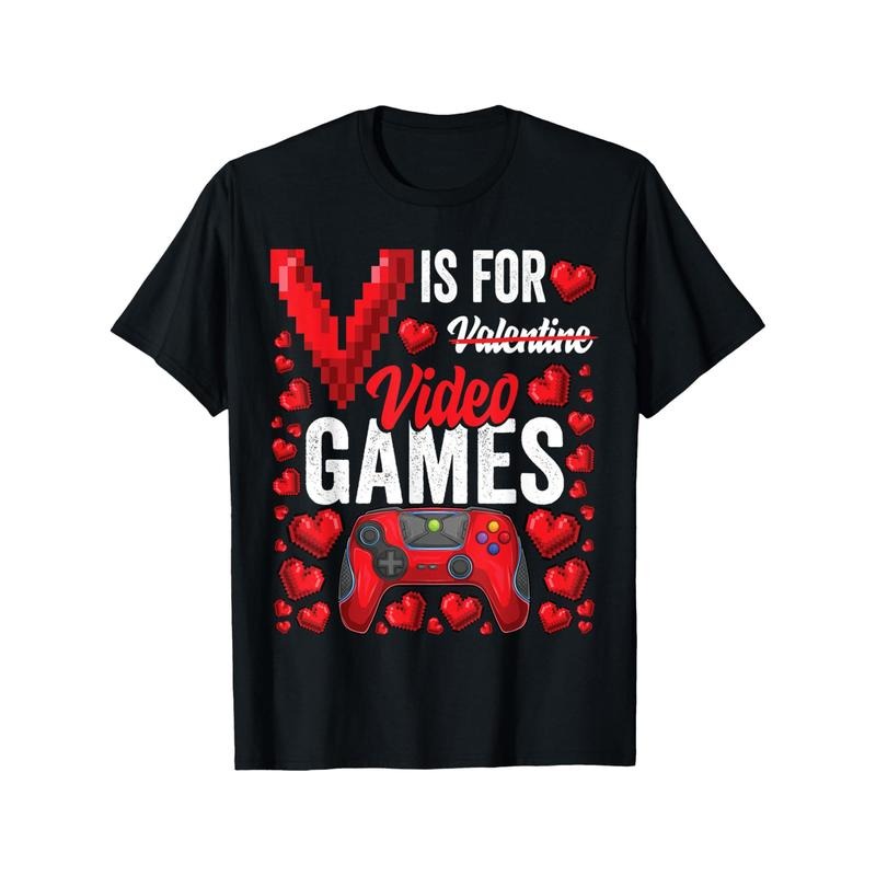V Is For Valentine Video Games Men T-Shirts, Funny Valentine'S Day Novelty Graphic Printed Tee, Short Sleeve Valentine'S Day Couple T-Shirt for Men Boyfriend Husband 100% Cotton made in usa