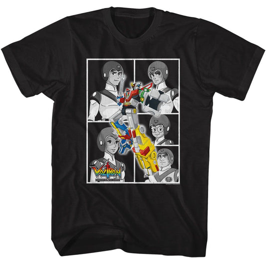 Voltron - Black & White Boxes - American Classics - Solid Black Adult Short Sleeve T-Shirt (Image 1)