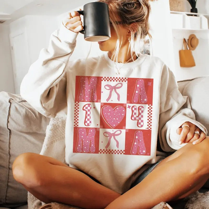 Valentine Mama Coquette Sweatshirt, Pink Bow Heart Sweatshirt, Retro Valentine Sweatshirt, Pink Checkerboard Sweatshirt, Valentines Sweatshirt