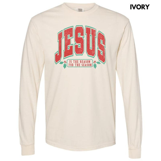 Varsity Jesus Red & Green Long Sleeve Comfort Colors T-Shirt 'NLB'
