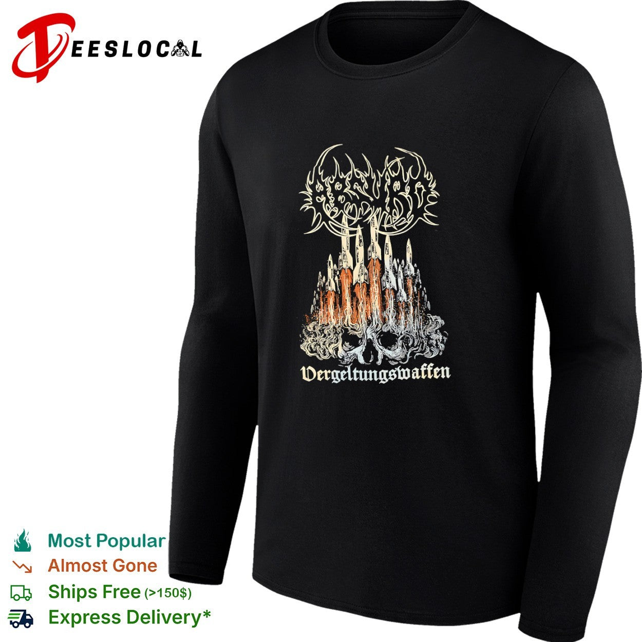 Vergeltungswaffen V2 Rocket Skull Metal Band Logo Black Heavy Metal Concert shirt