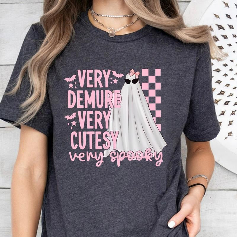 Very Demure Very Cutesy Very Spooky T-Shirt, Ghost Lady T-Shirt, Halloween T-Shirt, Cute Ghost, Halloween Meme T-Shirt, Pink Pumpkin, Halloween Ghost