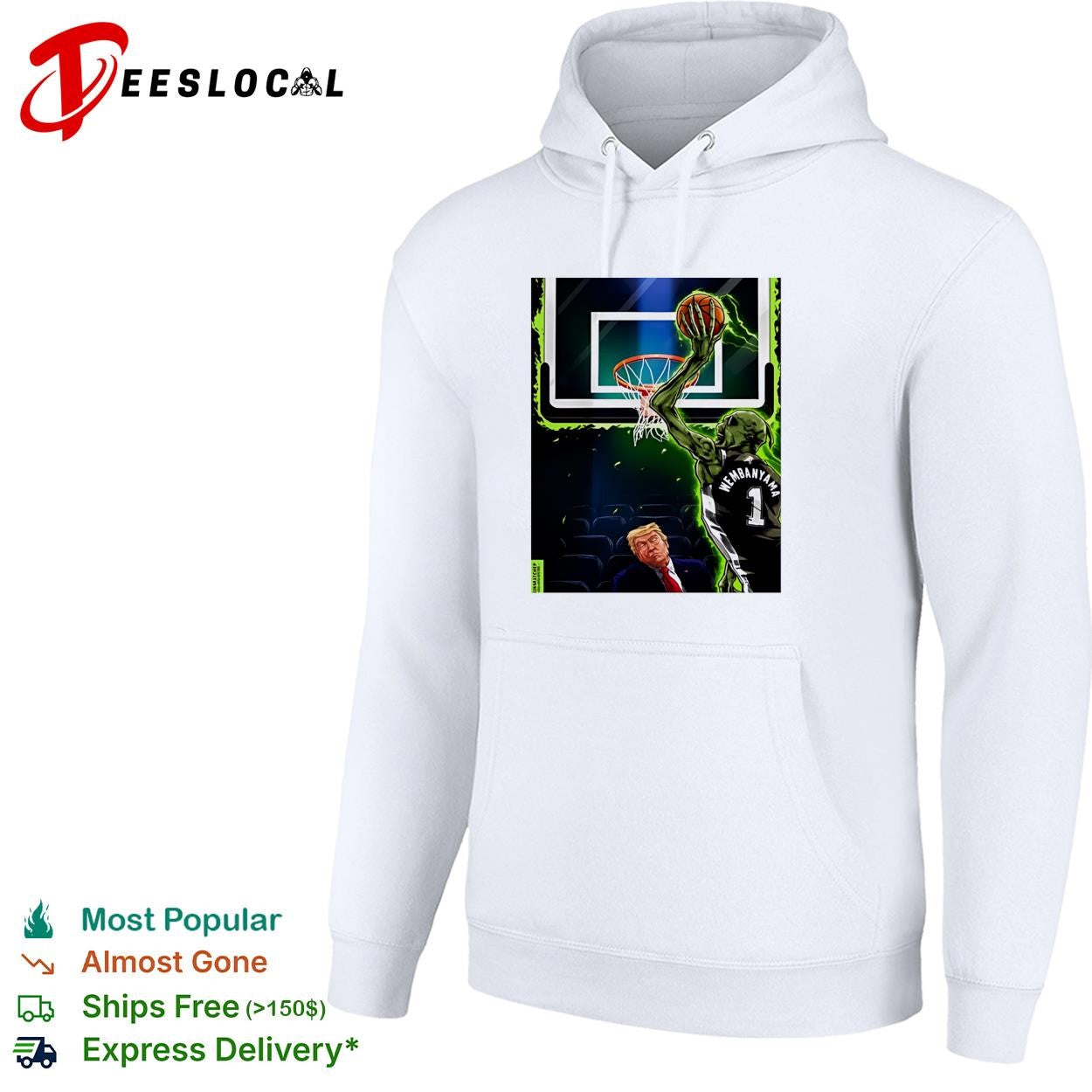 Victor Wembanyama dunking over Trump glowing green basketball fan art shirt