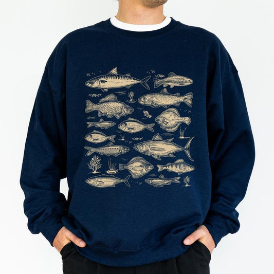 Vintage Fish Species Tattoo Style Sweatshirt for Men, Retro Fishing Tops, Unisex Fisher Crewneck, Bass Lovers Sweater, Fisher Gifts, Classic Menswear