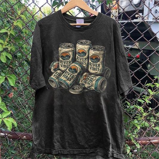 Vintage River Vibes Beer Can Graphic Tee, Outdoorsy Camping Shirt, Funny Drinking Shirt for Men and Women, Unisex Summer Partywear Top