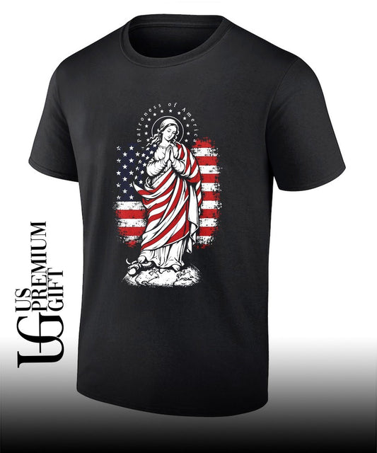 Virgin Mary Patroness of America Flag Earth Snake Religious Catholic Devotional shirt