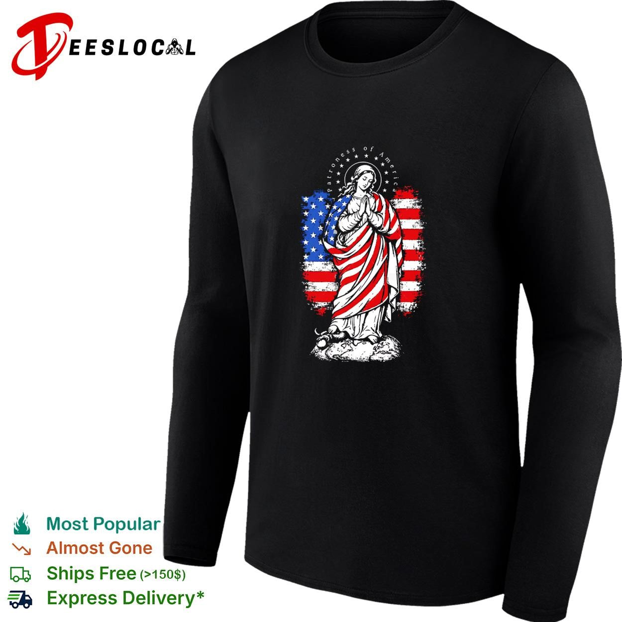 Virgin Mary praying wrapped in American flag patriotic religious graphic shirt