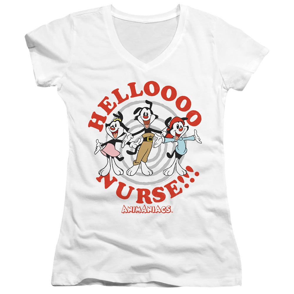 Animaniacs Hello Nurse Junior Sheer Cap Sleeve V-Neck Womens T Shirt White - clothing by TeeHivey.com