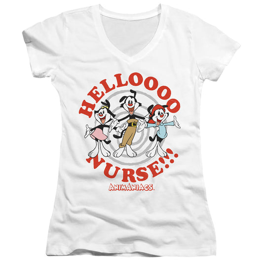 Animaniacs Hello Nurse Junior Sheer Cap Sleeve V-Neck Womens T Shirt White - clothing by TeeHivey.com