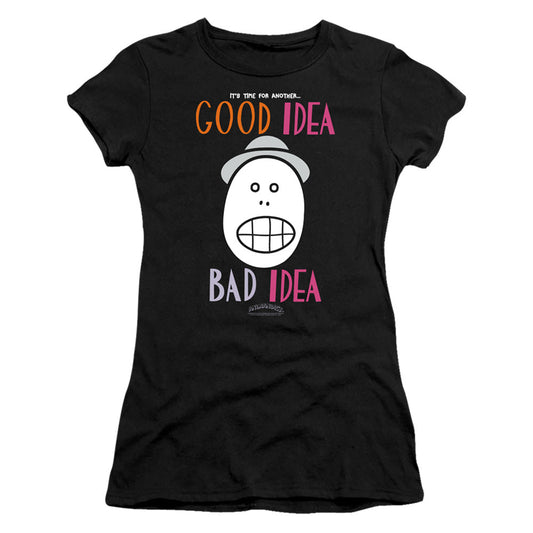 Animaniacs Good Idea Bad Idea Junior Sheer Cap Sleeve Womens T Shirt Black - clothing by TeeHivey.com