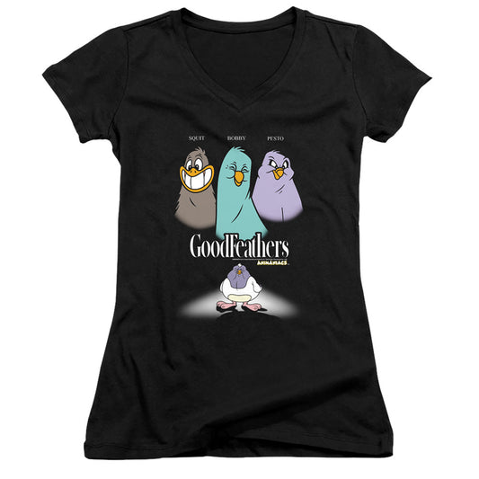 Animaniacs Goodfeathers Junior Sheer Cap Sleeve V-Neck Womens T Shirt Black - clothing by TeeHivey.com