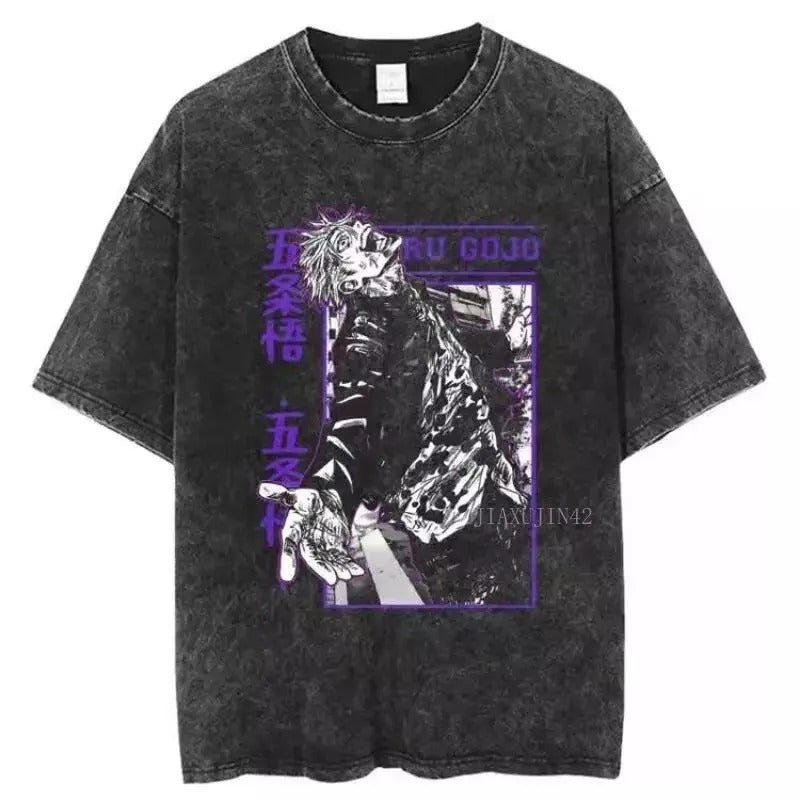 Washed Vintage T-shirt Anime Jujutsu Kaisen Loose Cotton Short Sleeves Unisex Menswear Top