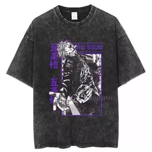 Washed Vintage T-shirt Anime Jujutsu Kaisen Loose Cotton Short Sleeves Unisex Menswear Top